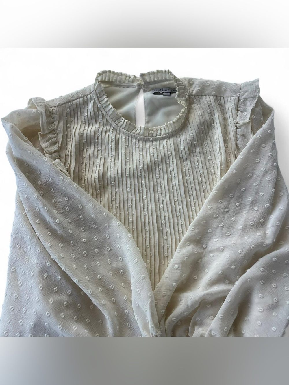 Boho Cottagecore Ruffle Blouse Fairycore Flowy Cream Swiss Dot Pleated Size L